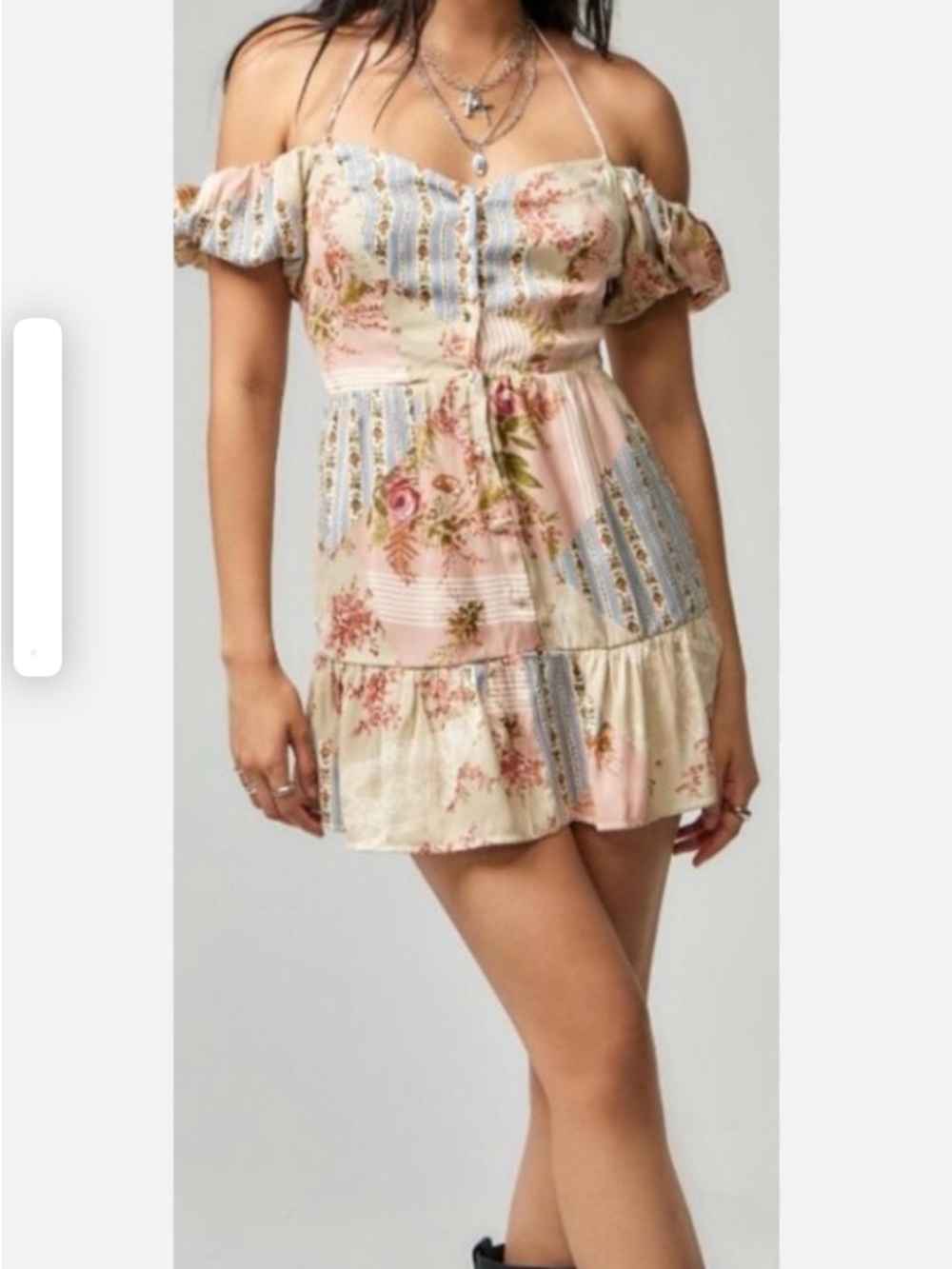 American Eagle Outfitters Pink Floral Patchwork Off-Shoulder Mini Dress